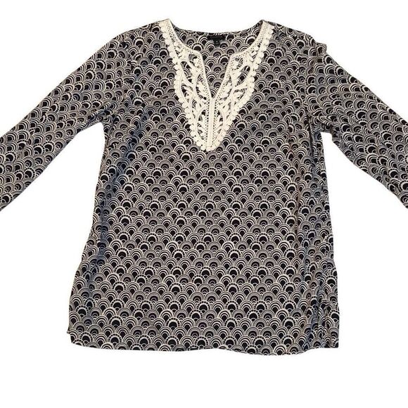 Talbots Black and White with Lace Front 3/4 Sleeves Tunic Top Women Size Medium - Picture 1 of 10